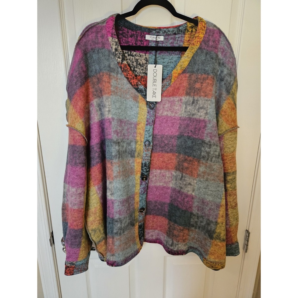 NWT Double Take Super Soft Button Down Muticolor Knit V-Neck LS Cardigan Plus 3X